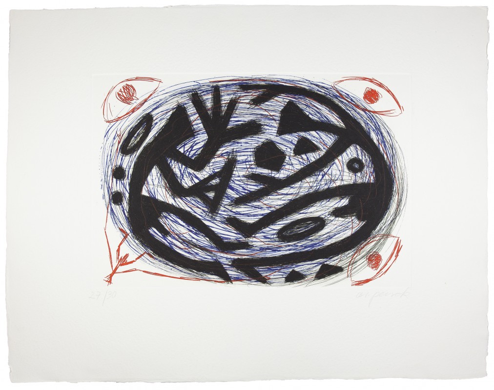 A. R. Penck. Kraftffeld Kampf, 1996, etching and dry tip, 85 x 110 cm.