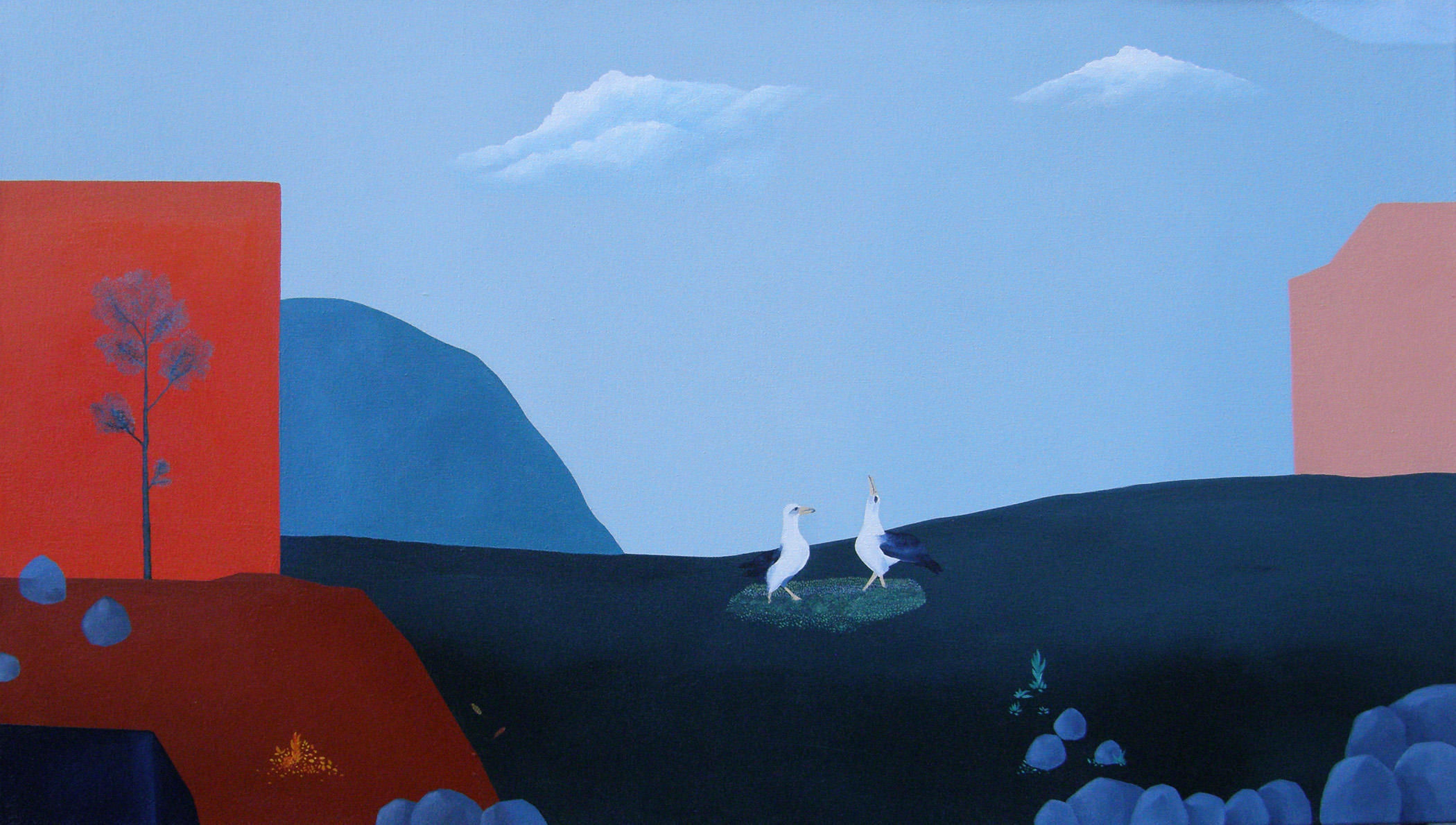 Arbol sobre rojo, conversacion, 2014, acrylic on canvas, 65 x 114 cm.